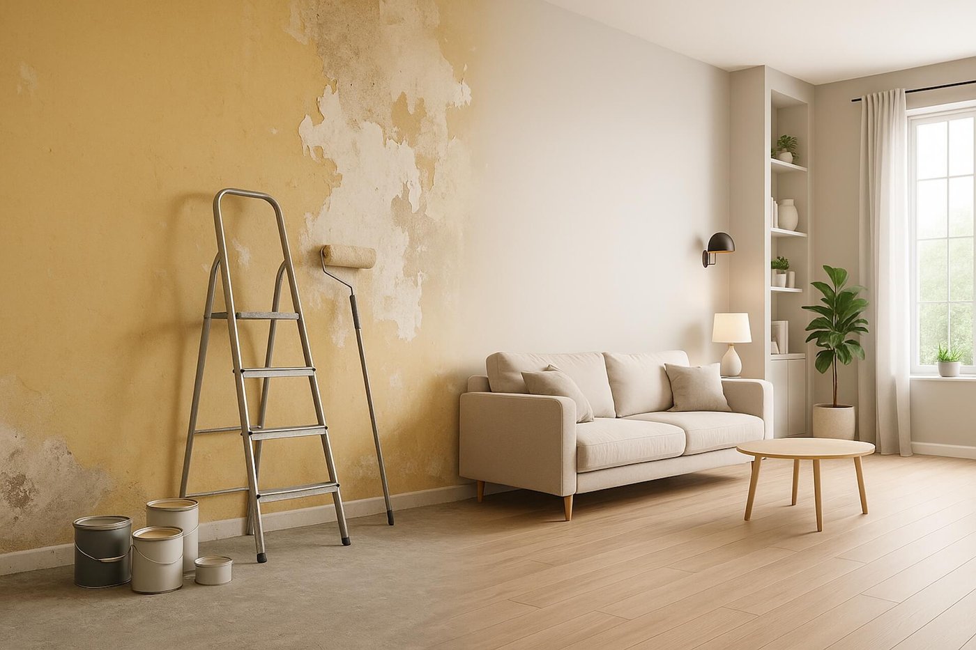Living room with peeling, outdated yellow wall ready for a fresh interior repaint