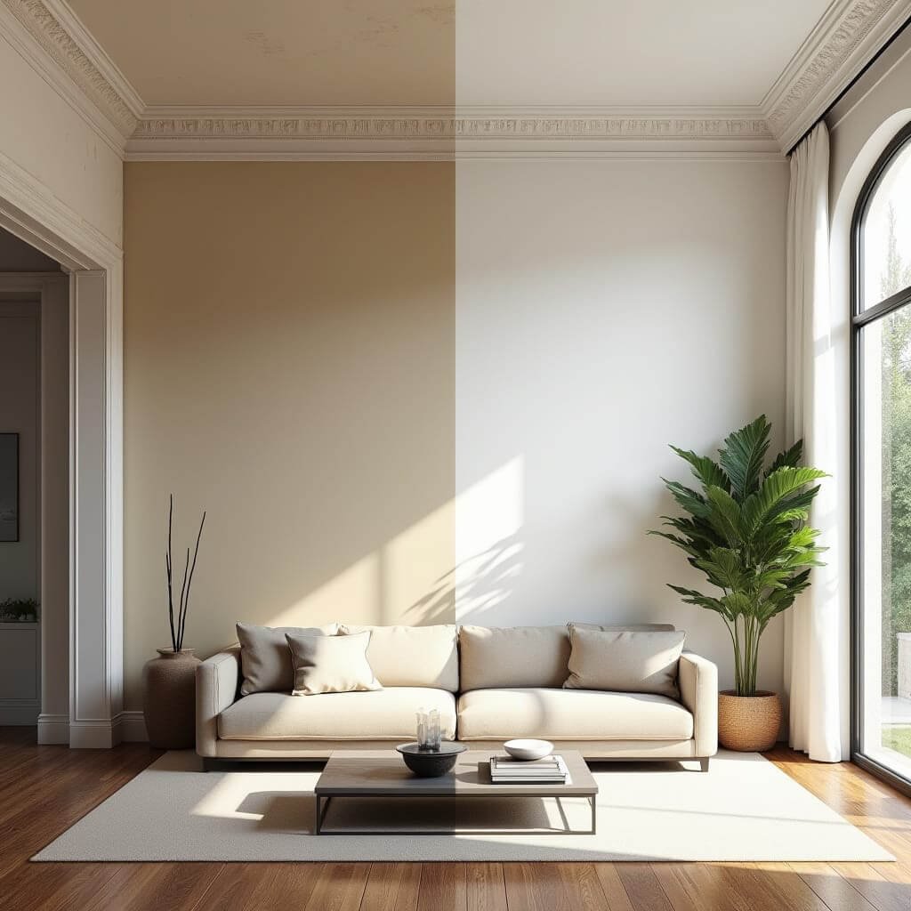 Before and after side-by-side: dated yellowed walls on the left transformed into a bright, move-in-ready neutral interior on the right