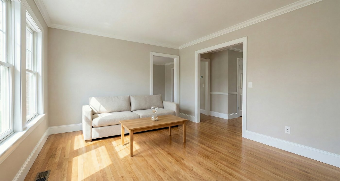 Empty Chattanooga living room with fresh neutral paint, hardwood floors, and bright natural light — a clean staged canvas for buyers