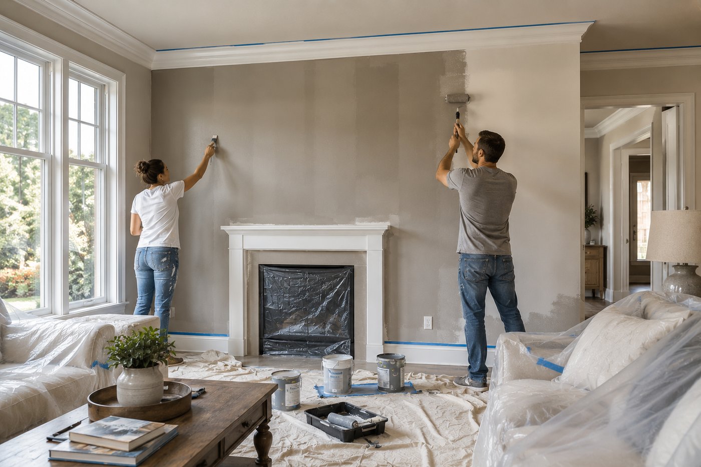 Two professional painters rolling fresh paint around a fireplace in a Chattanooga living room — furniture wrapped, edges taped, careful prep