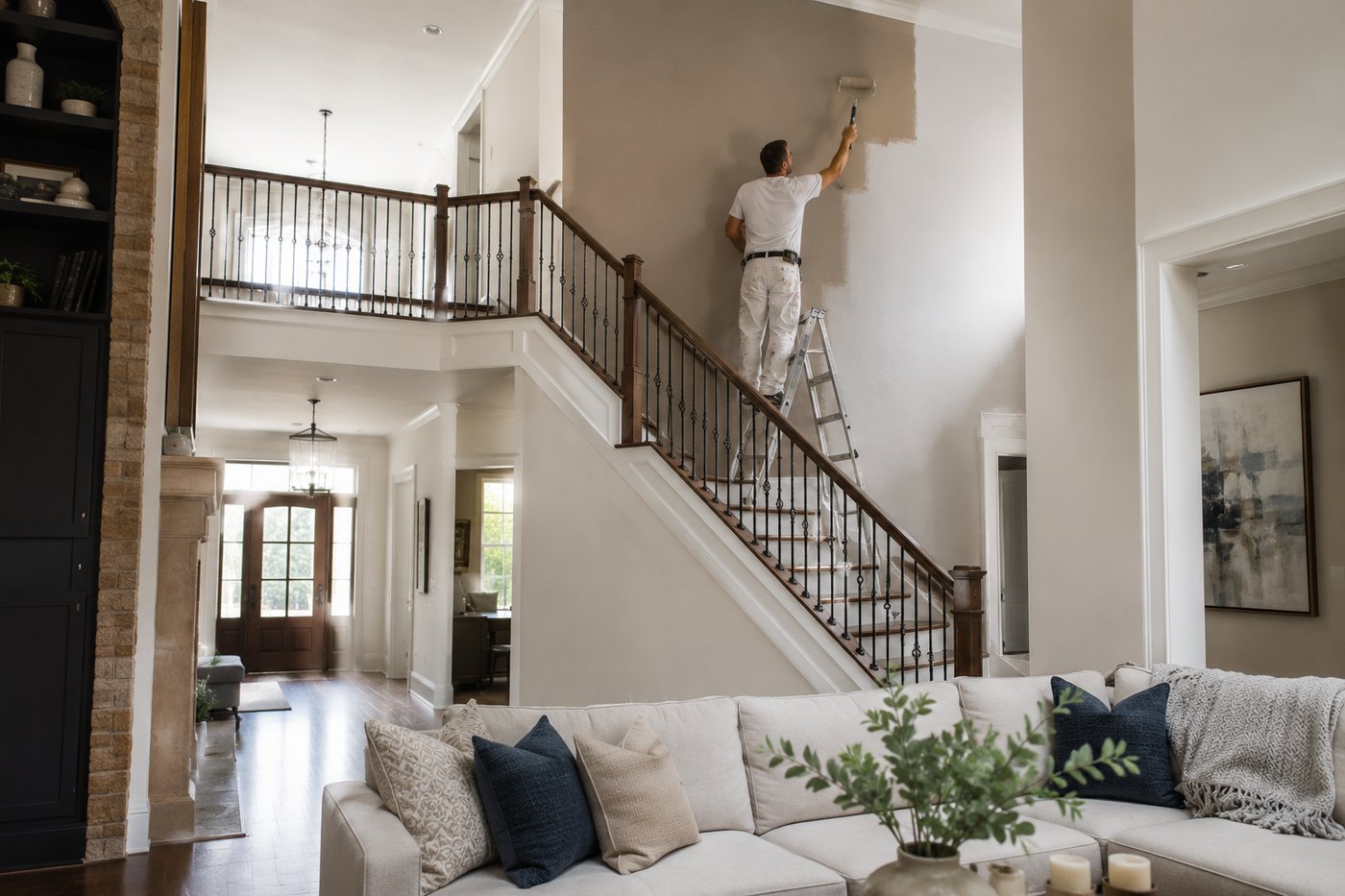 Professional painter on a tall ladder painting the high stairwell wall of a two-story Chattanooga home — the kind of project that calls for a pro