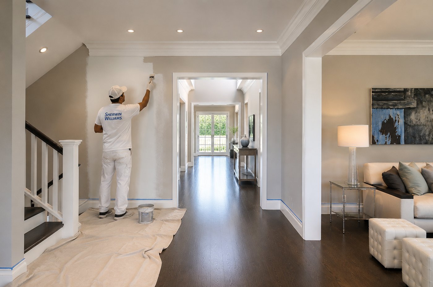 Crew working room-by-room — painter at work in hallway with drop cloths protecting hardwood
