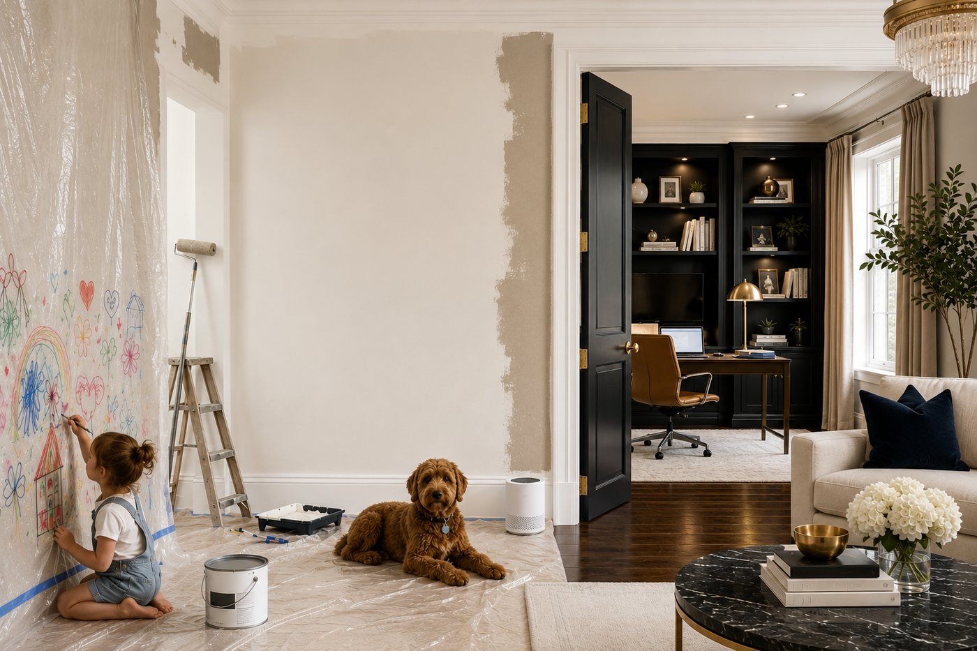 Comfortable home during interior painting project — family room with one wall in progress