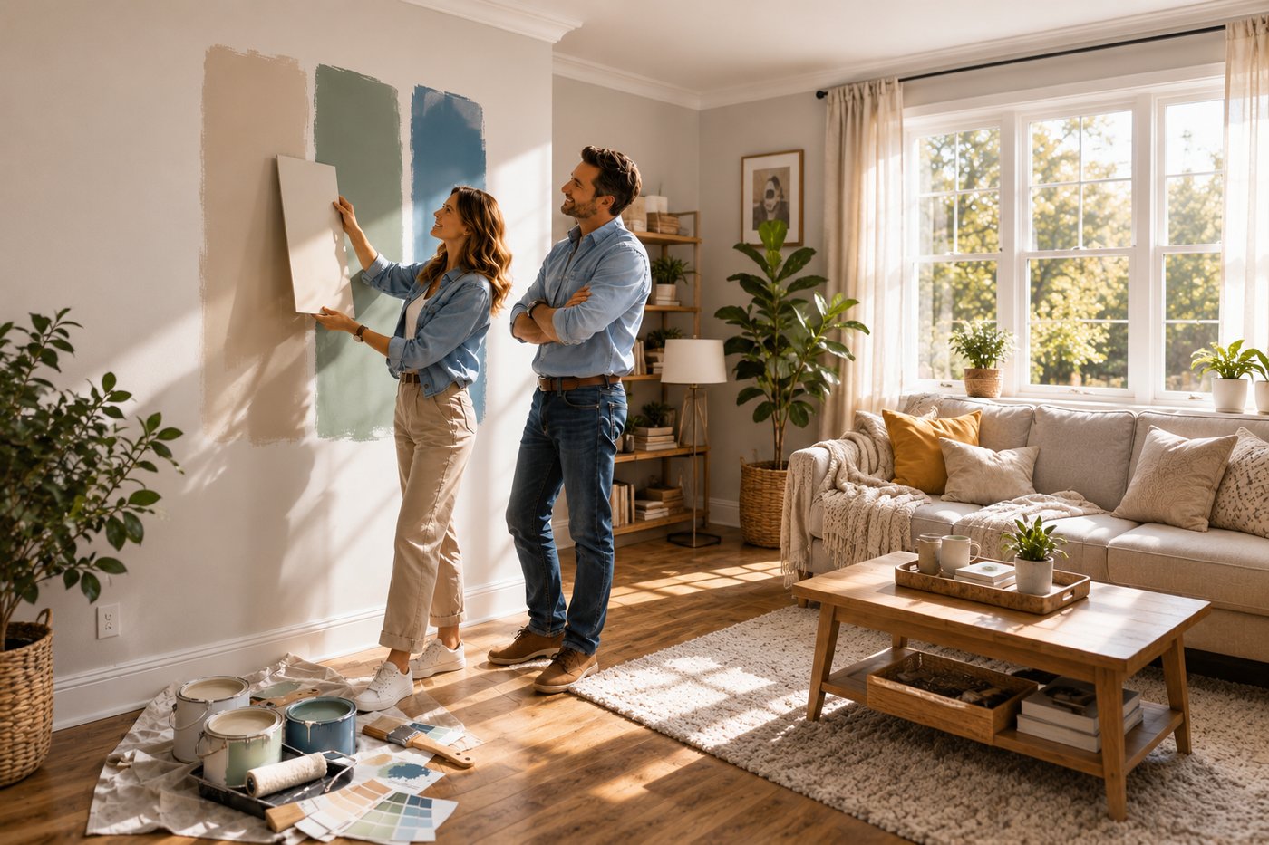 Chattanooga couple choosing paint colors for their living room — testing large swatches against a calm neutral wall