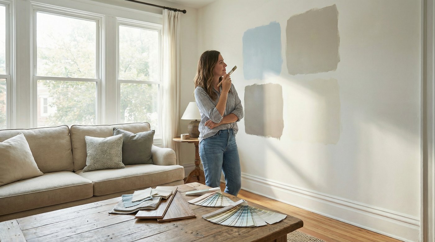 Homeowner testing paint swatches directly on the wall — comparing blue and warm neutral tones in daylight