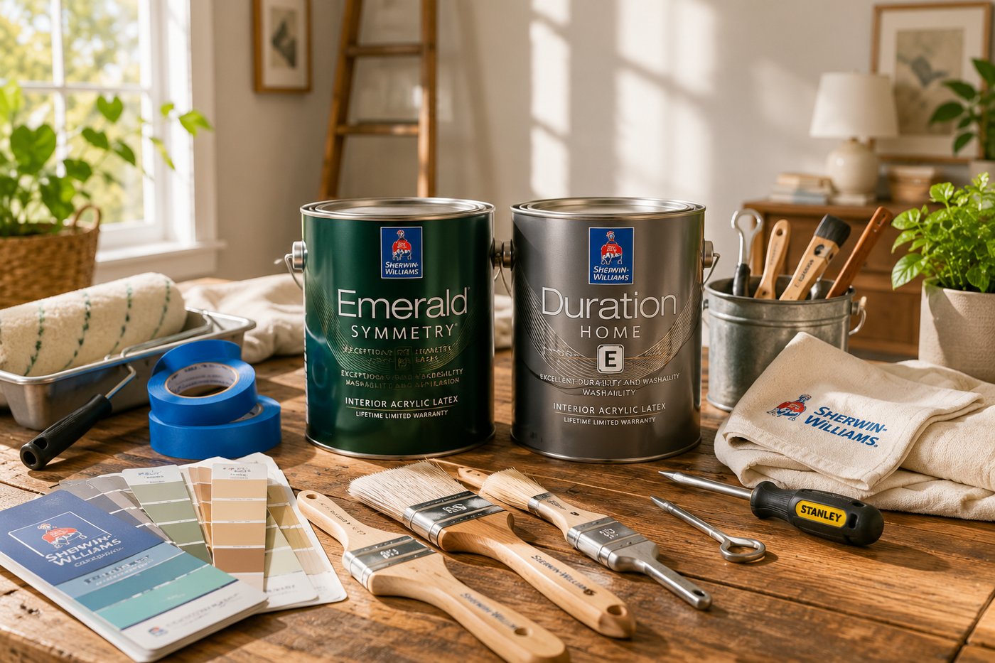 Sherwin-Williams Emerald and Duration interior paint cans with brushes, swatches, and painter's tape on a workbench