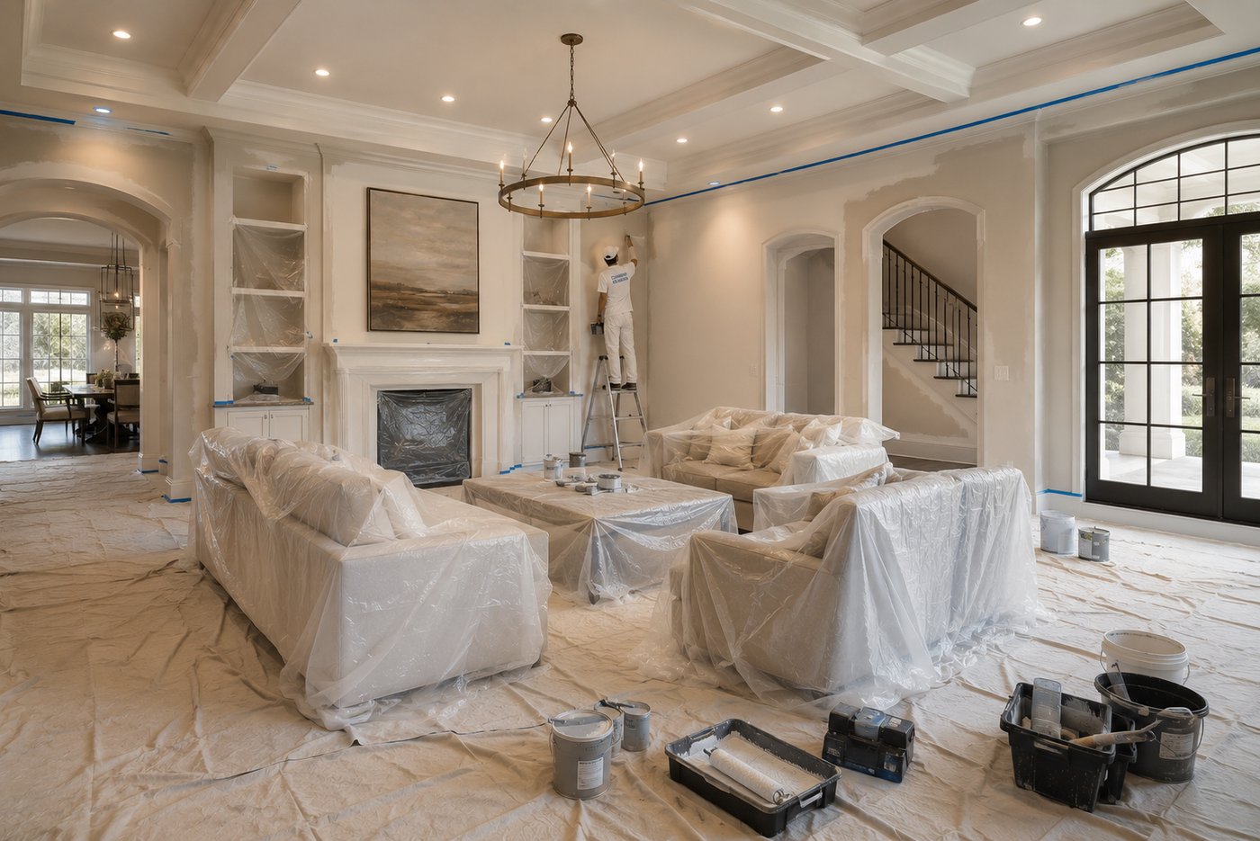 Premium Chattanooga living room mid-repaint — furniture wrapped, drop cloths down, careful prep that protects the investment