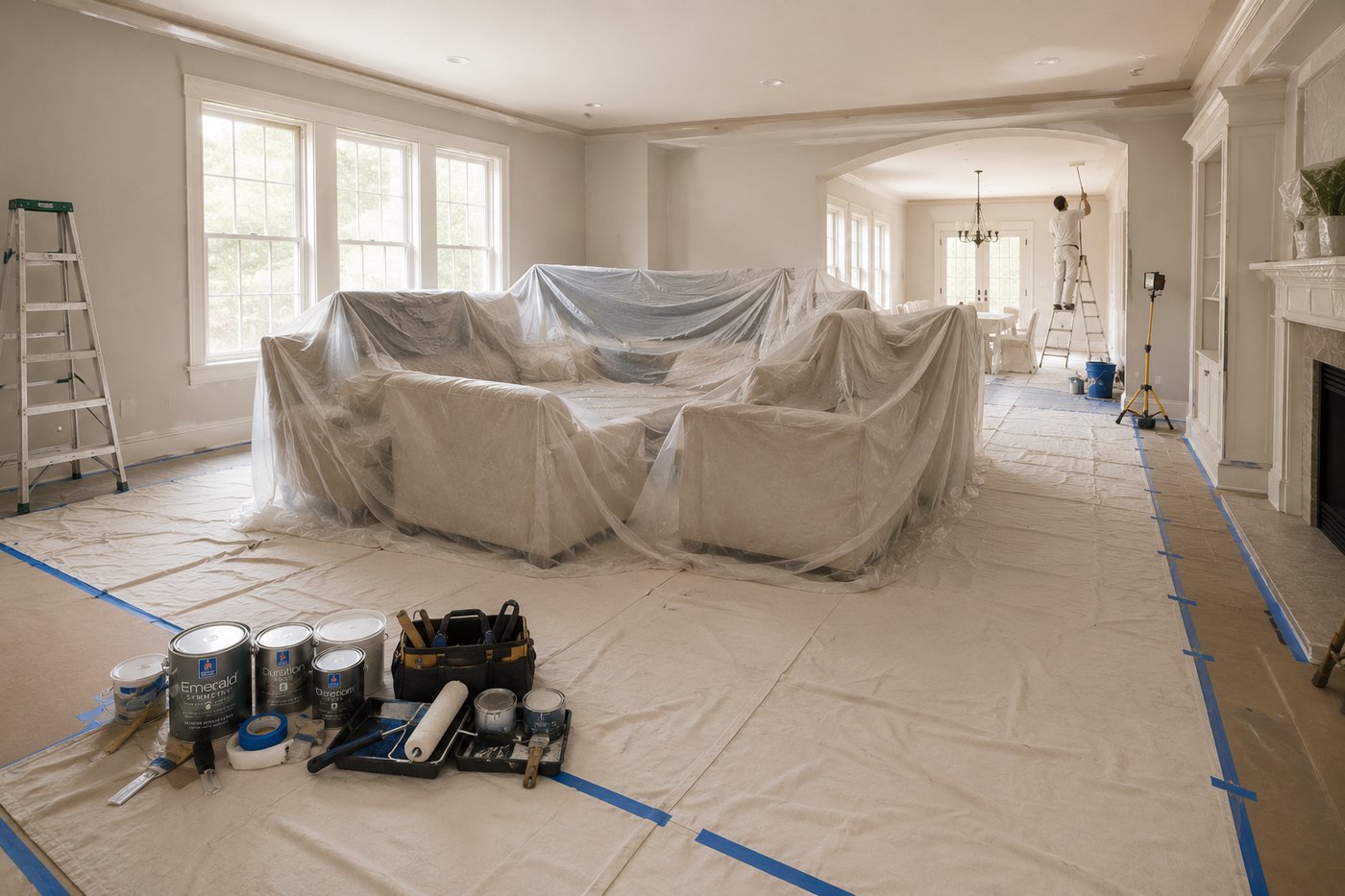 Open-concept Chattanooga living room fully prepped — furniture wrapped in plastic, drop cloths and blue tape protecting the floors, tools staged neatly