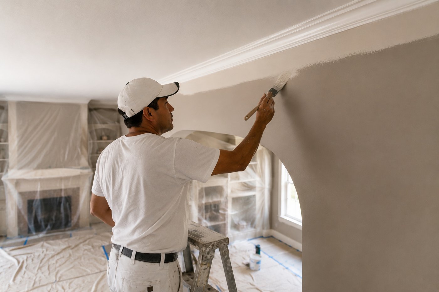 Professional painter carefully cutting in a crisp edge along the crown molding — close, detailed work, no rushing