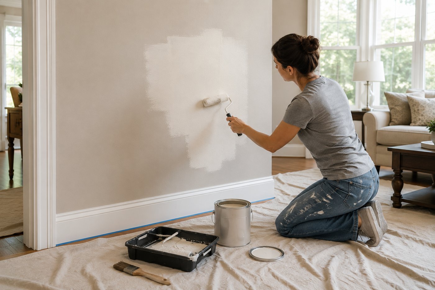 Homeowner rolling a touch-up patch on a Chattanooga living room wall — close, careful spot-painting work on a drop cloth