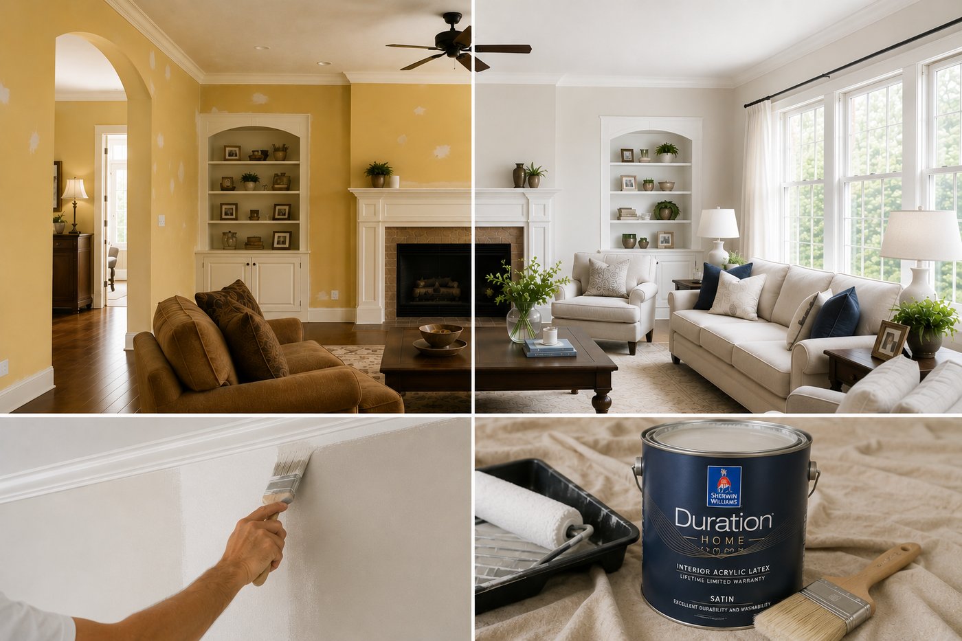 Before-and-after collage of a Chattanooga living room repaint — dated yellow palette transformed into a bright, freshly painted neutral with Sherwin-Williams Duration