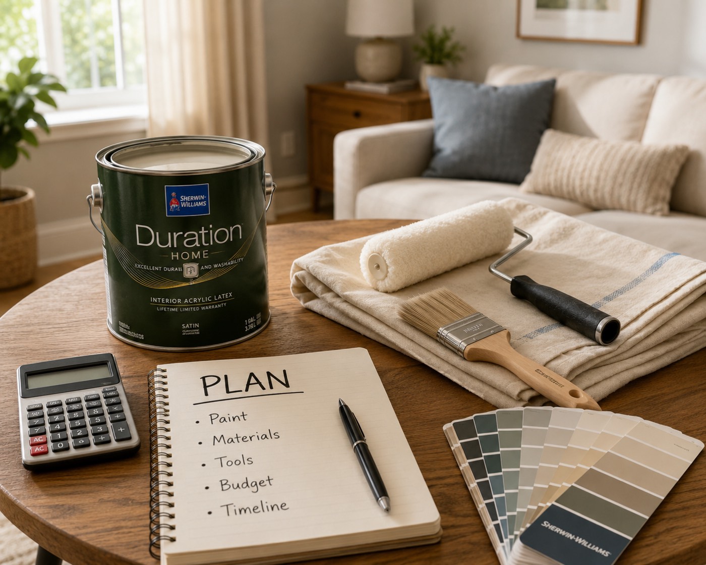 Planning an interior painting budget — Sherwin-Williams Duration paint can, roller, brush, color swatches, calculator, and a project plan notepad on a table