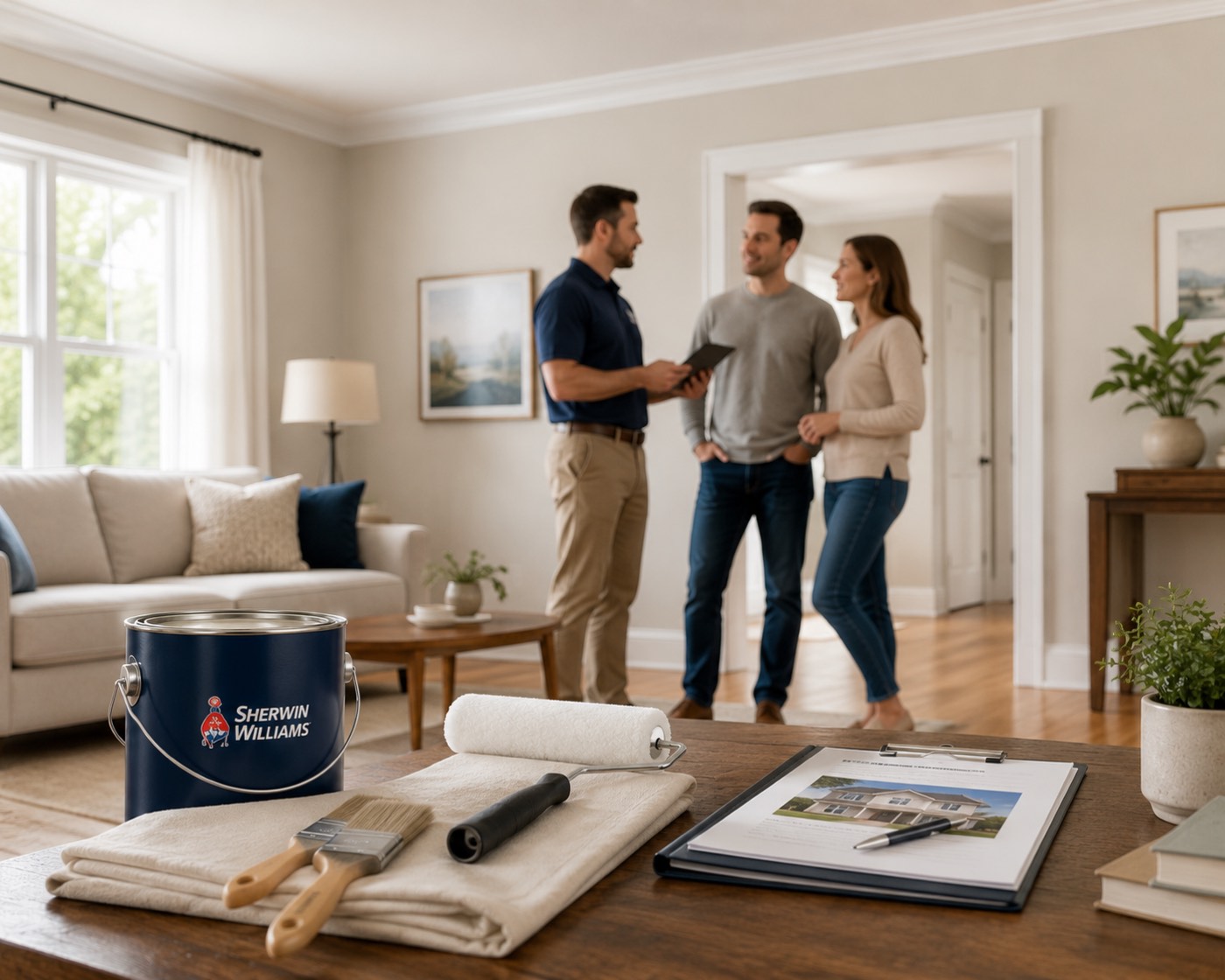 Painting contractor meeting homeowners in a freshly painted Chattanooga living room, with Sherwin-Williams paint, roller, and a printed estimate on the table