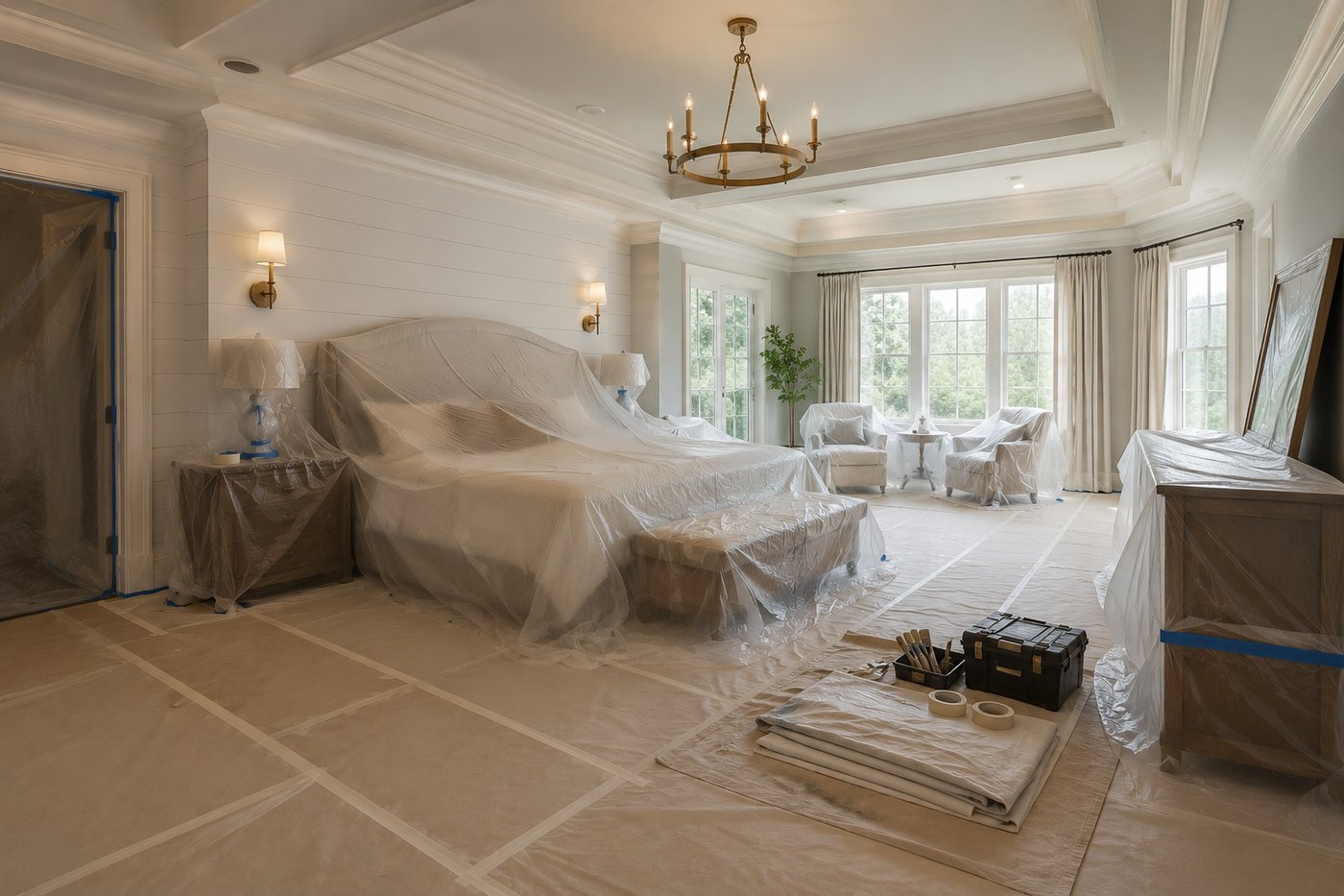 Chattanooga master bedroom prepped for interior painting — furniture wrapped in plastic, drop cloths covering the floor