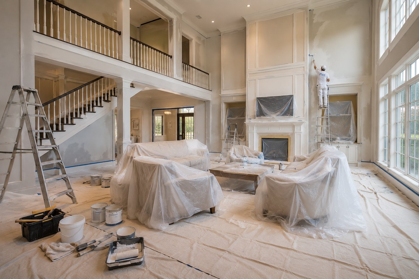 Whole-home repaint in progress — multiple rooms under plastic, scale of work