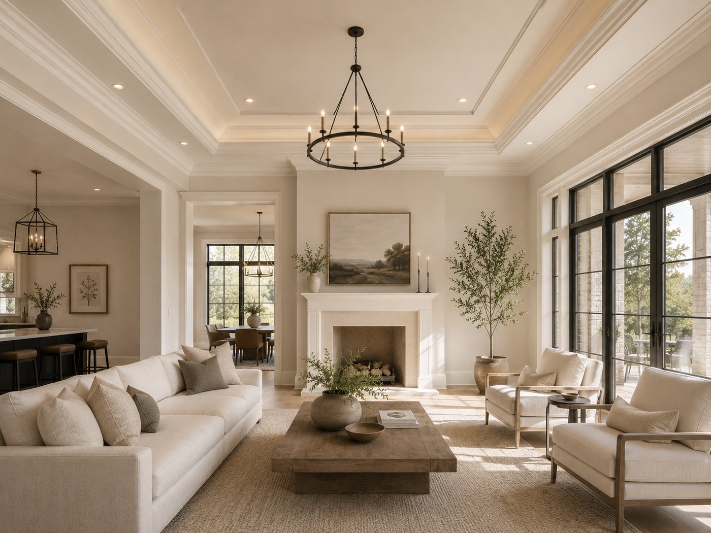 Bright, move-in-ready Chattanooga living room with coffered ceiling, fresh warm-neutral walls, fireplace, and chandelier — the inviting first impression buyers reward