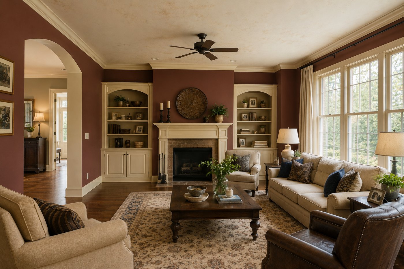 Traditional Chattanooga living room with dated burgundy walls — the kind of dated palette repainting turns into a buyer-friendly neutral